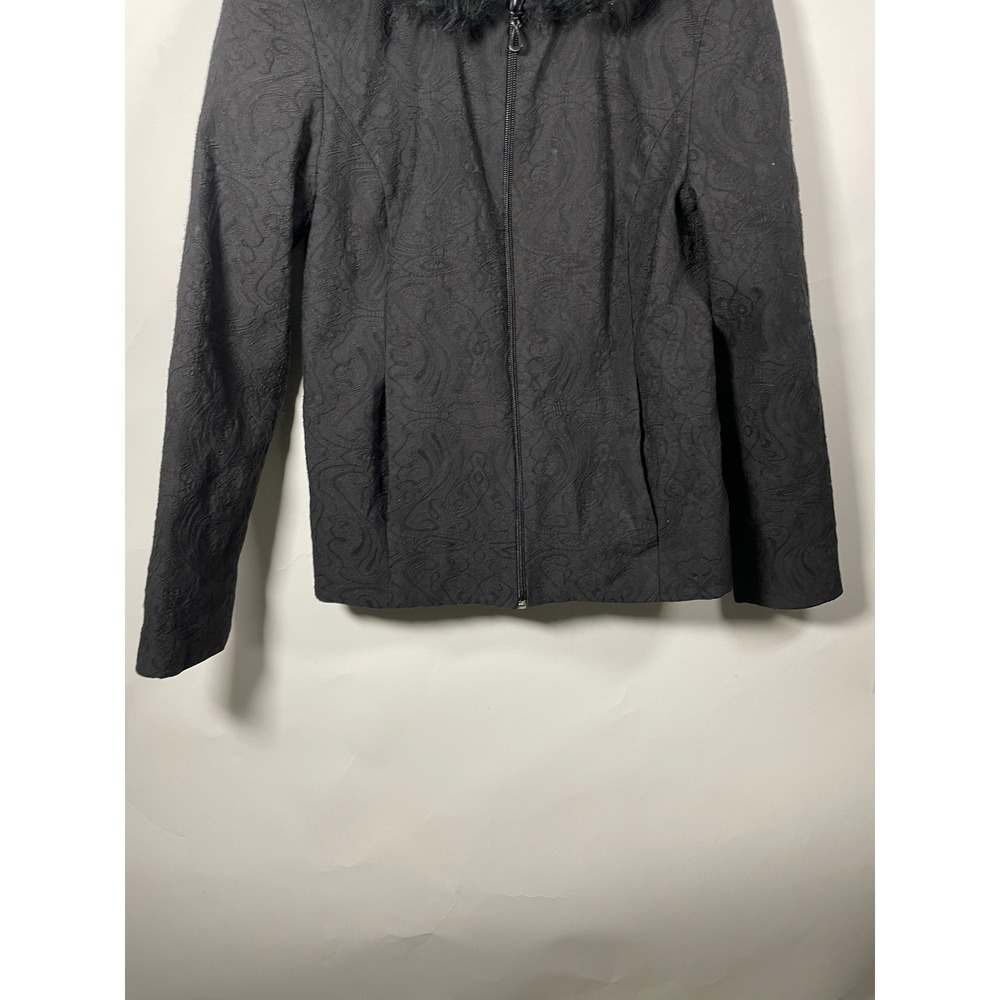 Y2K Black Paisley‎ Textured Jacket Faux Fur Collar Full Zip Small Cheetah Girl - Picture 3 of 7